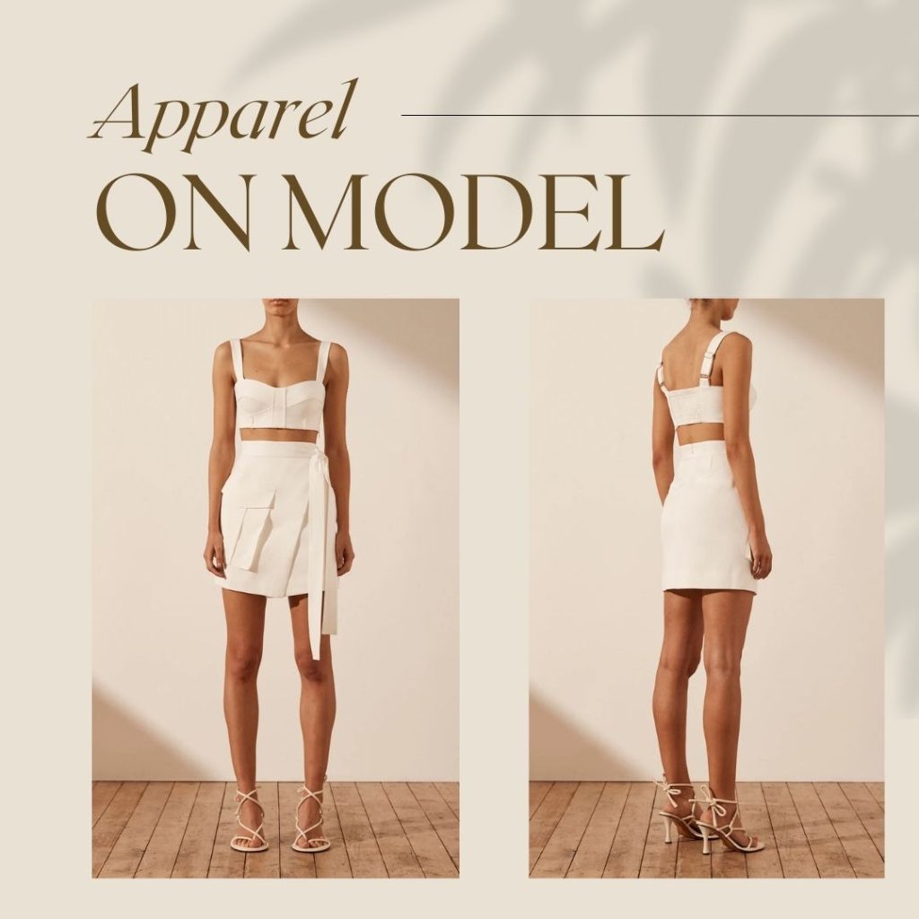 Multiple product samples of white crop top and skirt shown from different angles for Amazon FBA private label listing