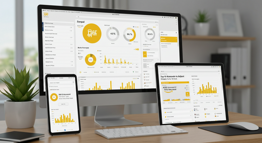 Business analytics dashboard displaying charts and metrics across multiple devices for performance analysis