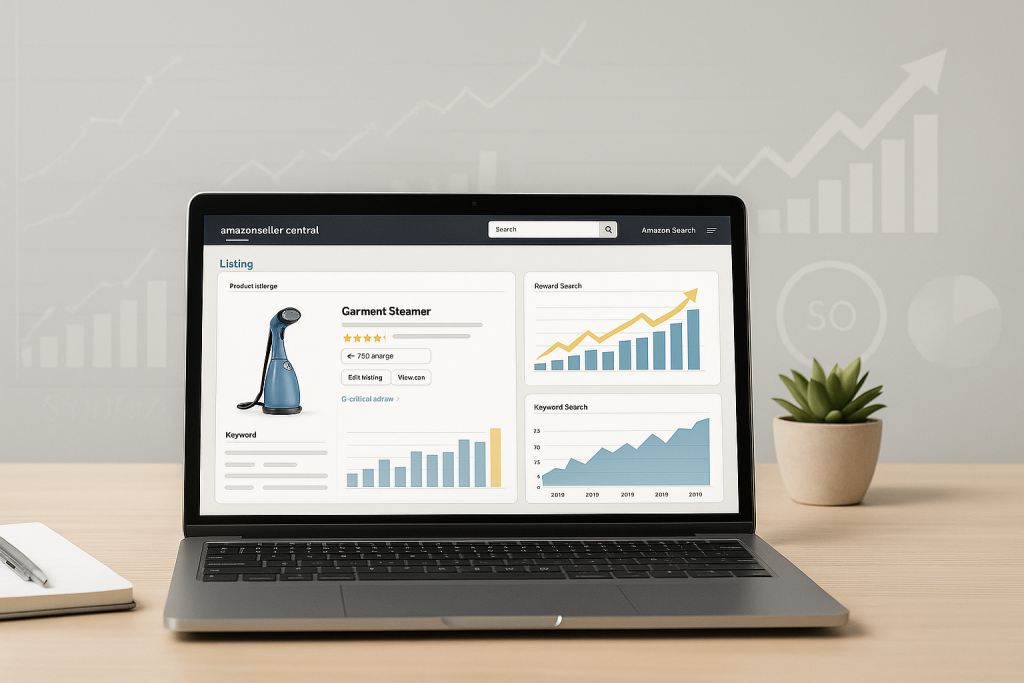 Laptop dashboard displaying sales analytics with column charts and growth trend lines for margin and ACOS tracking