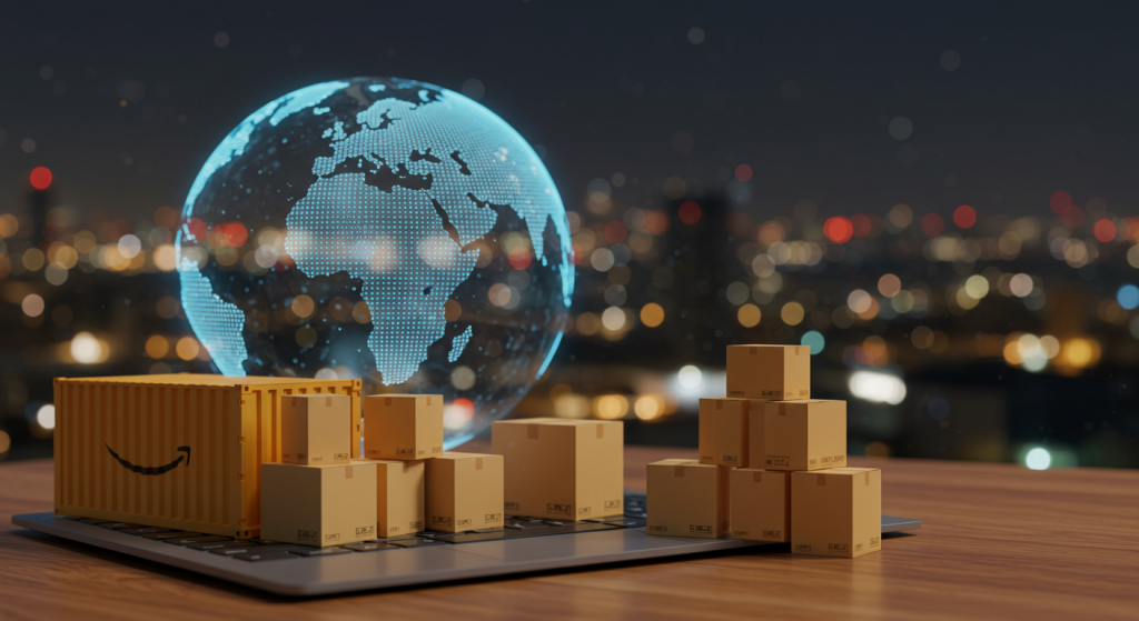 Toàn cầu hóa thương mại: Globe xanh với hộp carton vàng trên bàn gỗ, biểu tượng logistics và vận chuyển quốc tế