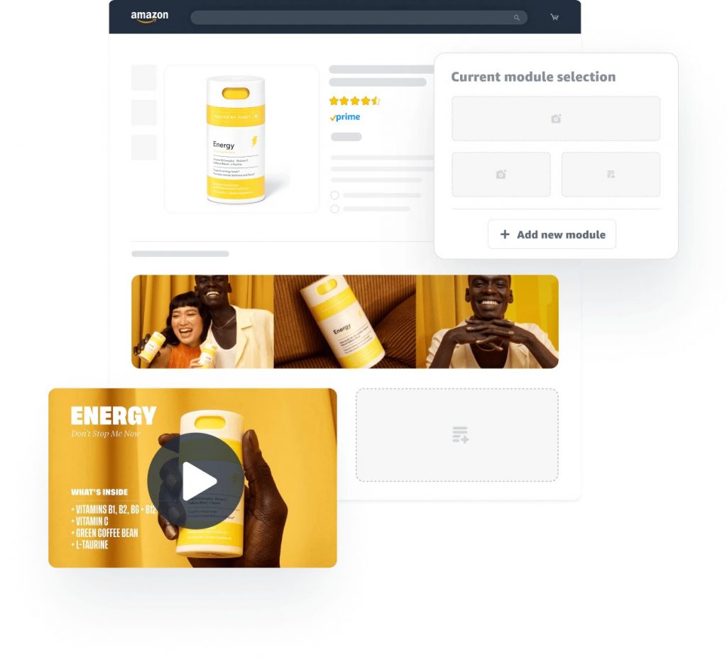 Amazon A+ content module design interface displaying product images with customization options for sales page enhancemen