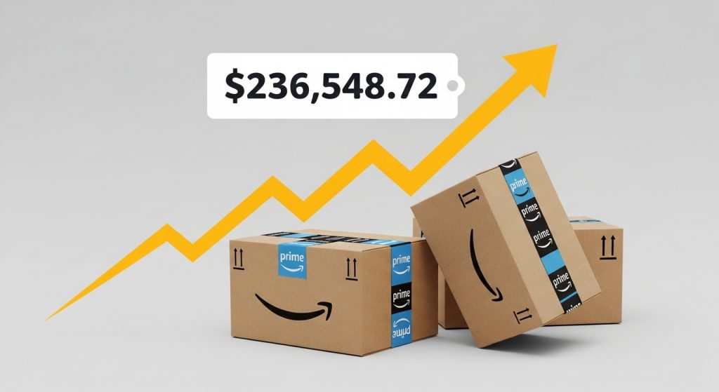Budget breakdown chart showing Amazon FBA startup costs with boxes and financial growth visualization