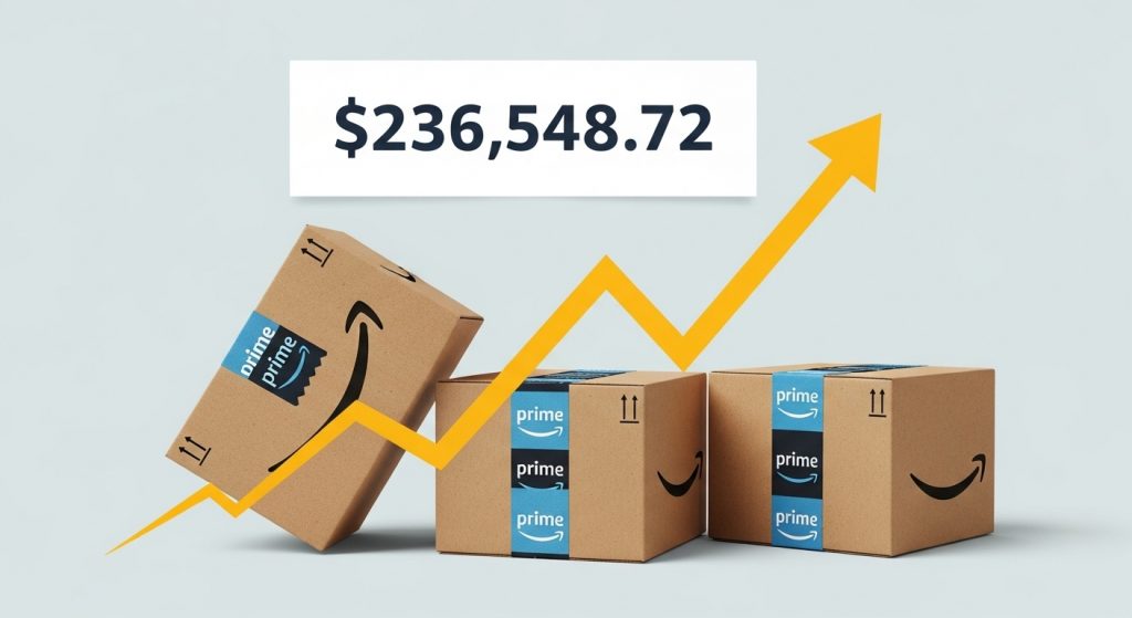 Amazon FBA sales growth chart with upward trend arrow showing revenue increase and business performance metrics
