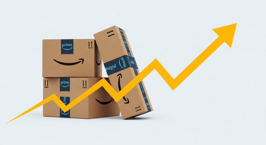 Sales growth chart with shipping boxes and upward arrow indicating Amazon FBA revenue development