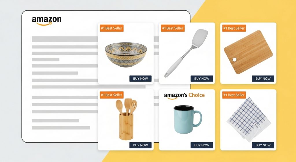 Amazon product catalog interface showing kitchen tools and product listing elements with detailed item information