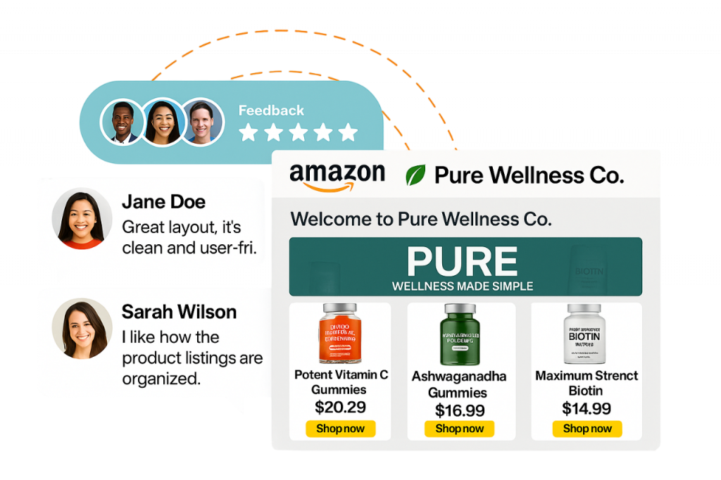 Amazon product page showcasing customer reviews, star ratings, and testimonials for beauty products with pricing informa