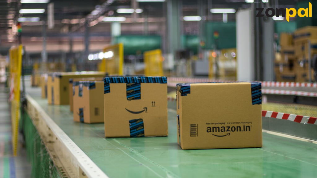 Amazon FBA warehouse with product boxes on conveyor belt showing fulfillment and logistics process
