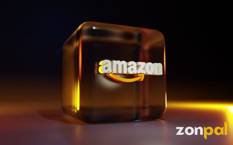 Amazon logo displayed on orange-yellow 3D block with lighting effect