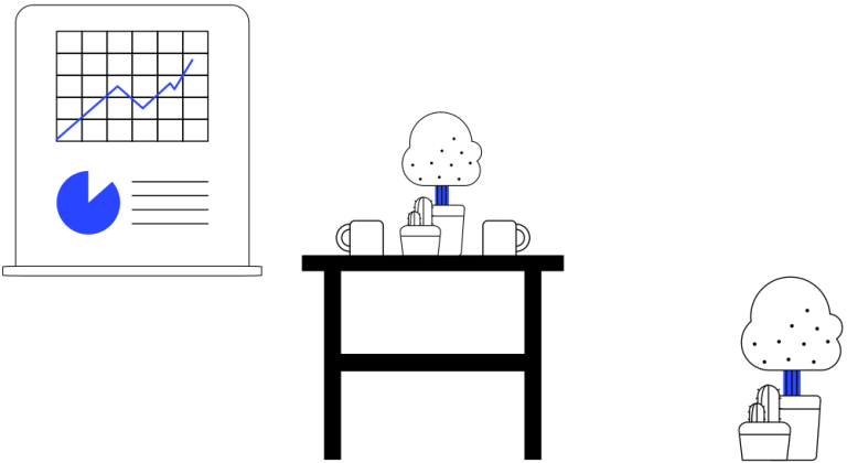Illustration of user working on computer with data charts and backend analytics information for keyword research